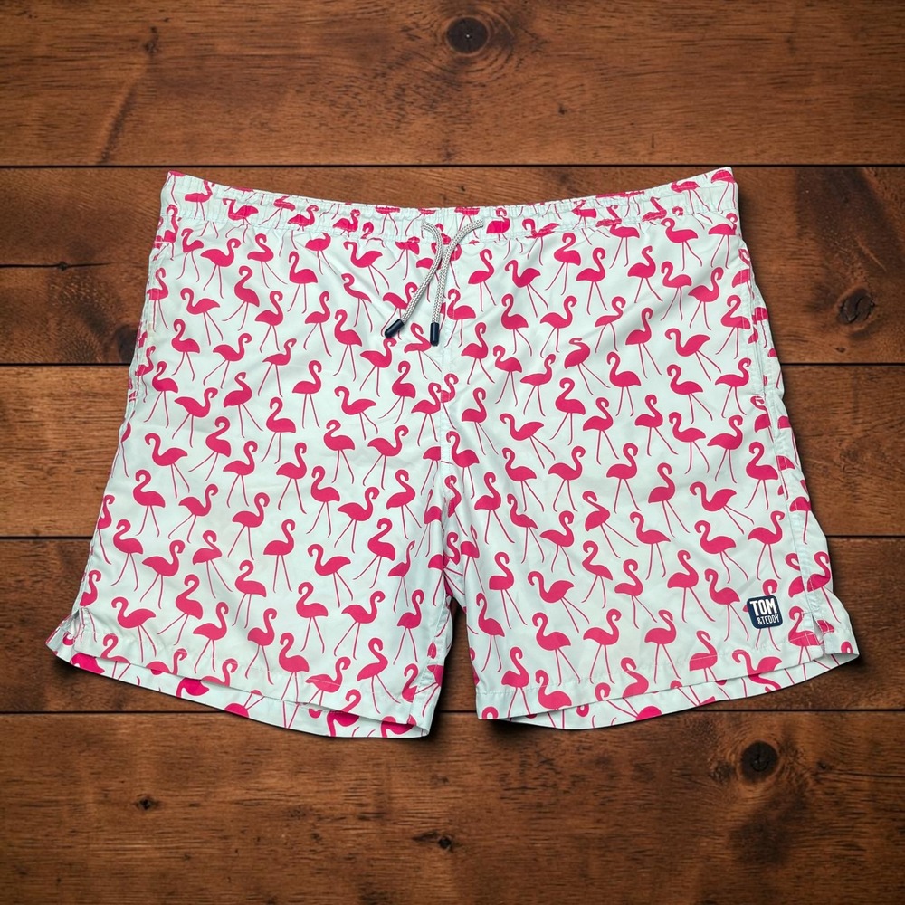 Tom & Teddy Mens Pink Flamingo Swim Trunks 8" XL Board Shorts Drawstring Mesh